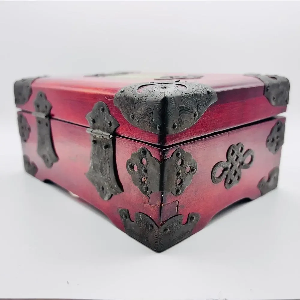 Chinese Hangzhou Wood Jewelry Box Carved Green Stone Metal Hardware